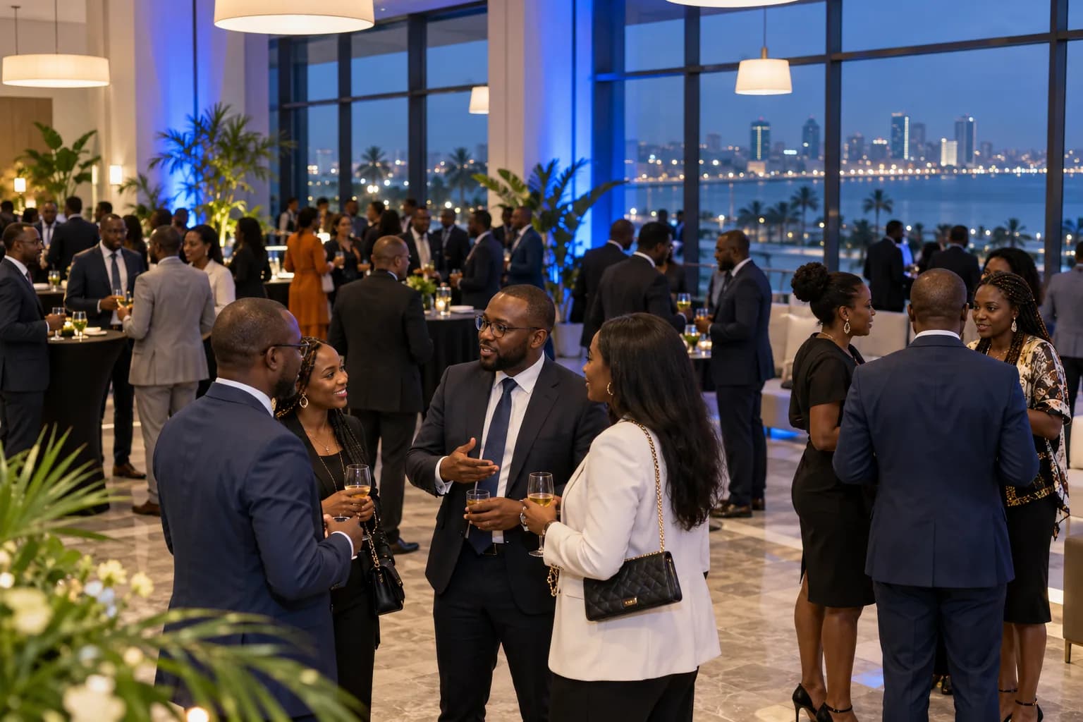 Fotografia ilustrativa gerada por IA: profissionais numa receção de networking.